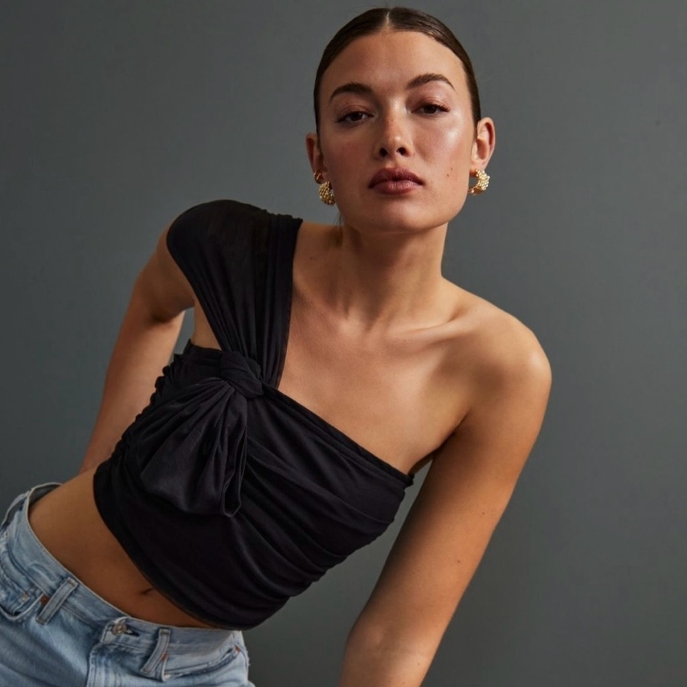 Anthropologie Black Asymmetrical Ruched Top- S